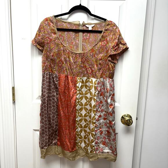 Garnet Hill Silk Dress, Boho Empire Waist, Patchwork Baby Doll Size L - Picture 1 of 7
